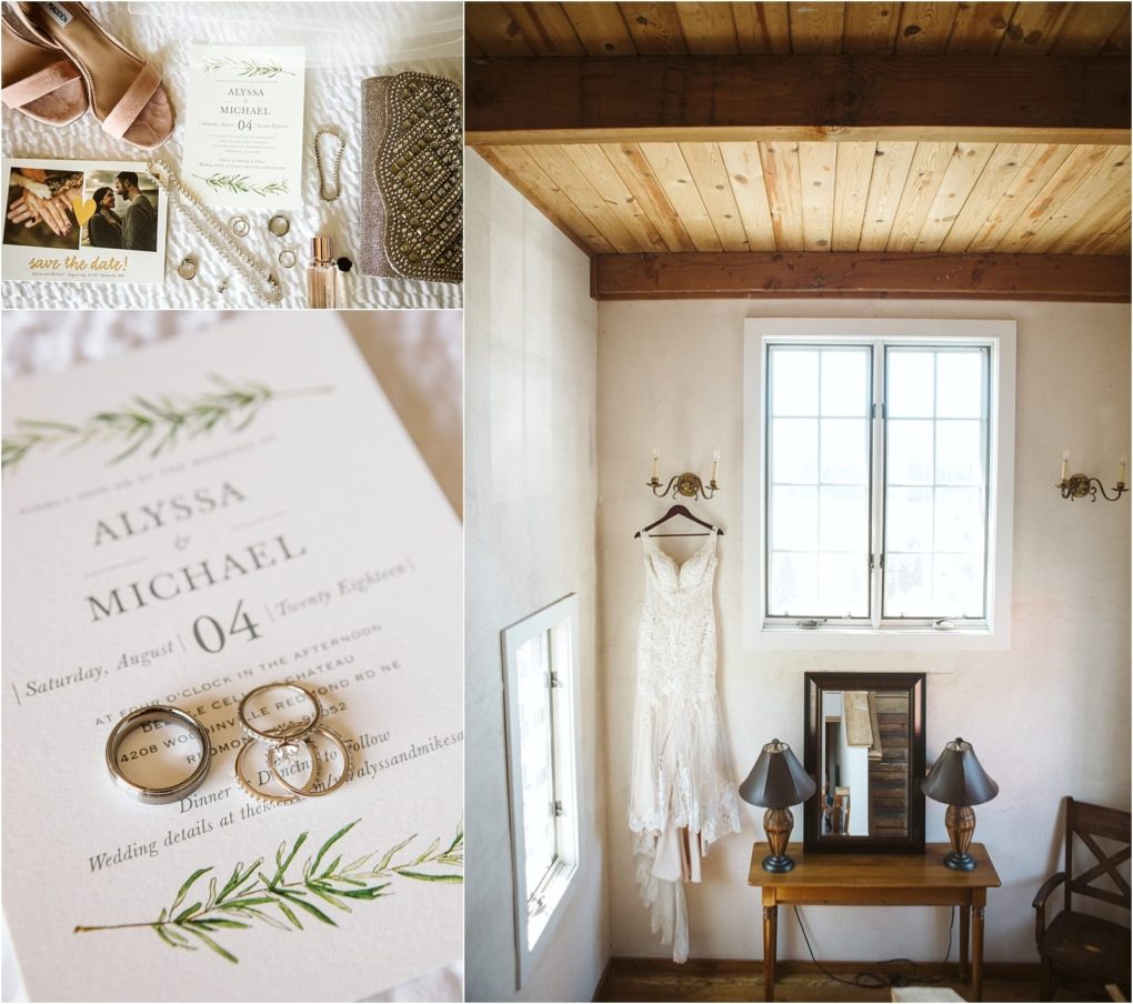 Premier snohomish & seattle wedding photographer | gsquared weddings photography a collage features snohomish wedding details invitations jewelry shoes and a lace wedding dress hanging by a window above a small vanity with two lamps and a mirror wedding rings rest on the invitation | serving snohomish seattle                   & beyond