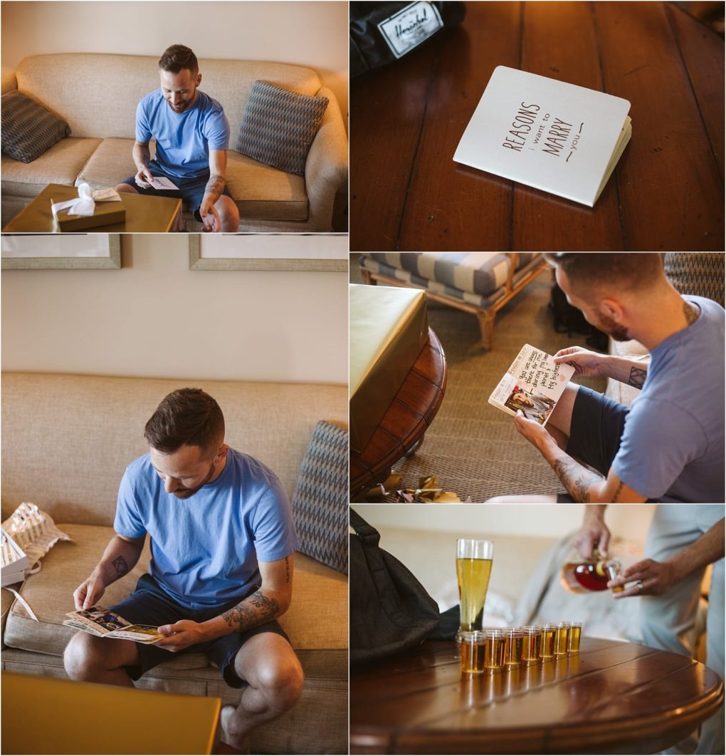 Premier snohomish & seattle wedding photographer | gsquared weddings photography a man in a blue shirt sits on a couch paging through a small book titled reasons why i want to marry youa sweet moment from their snohomish engagement Another image shows a drink and shot glasses on the table | serving snohomish seattle                   & beyond