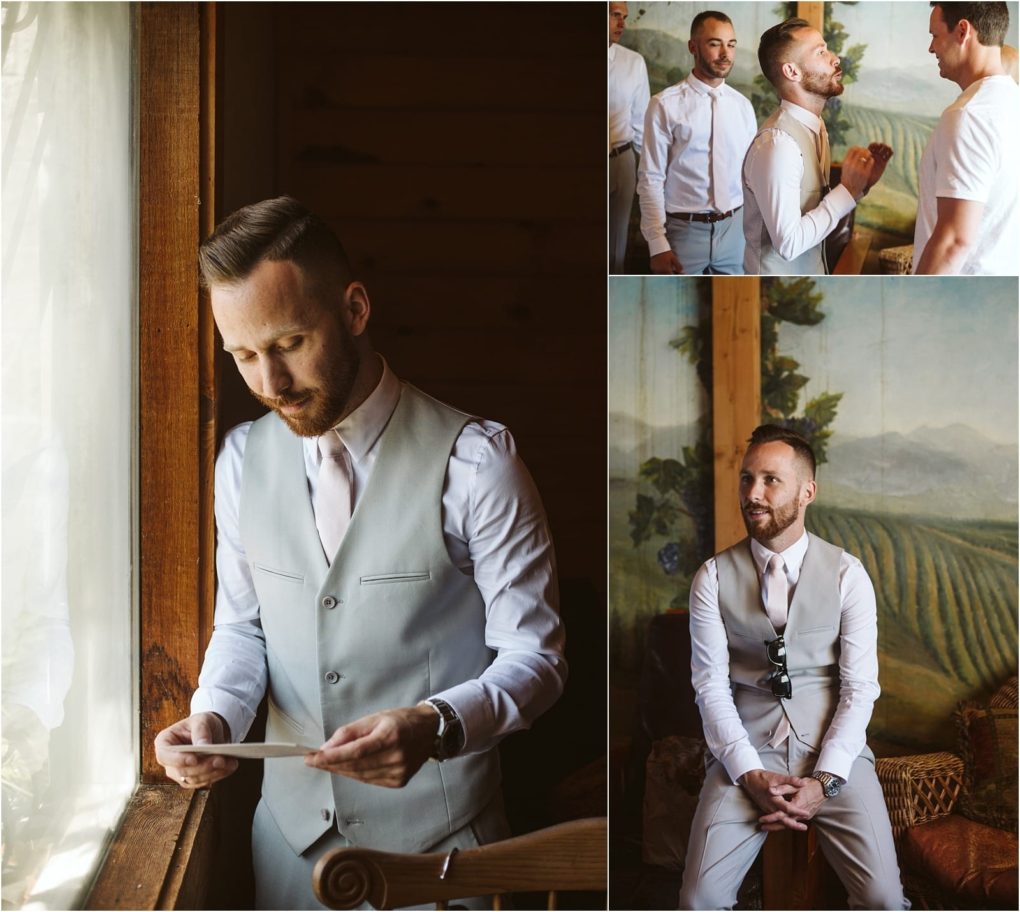 Premier snohomish & seattle wedding photographer | gsquared weddings photography a man in a light gray vest and tie prepares for a formal event in a warmly lit rustic room near snohomish reading a note by the window and talking to another mana classic moment before a seattle wedding engagement | serving snohomish seattle                   & beyond