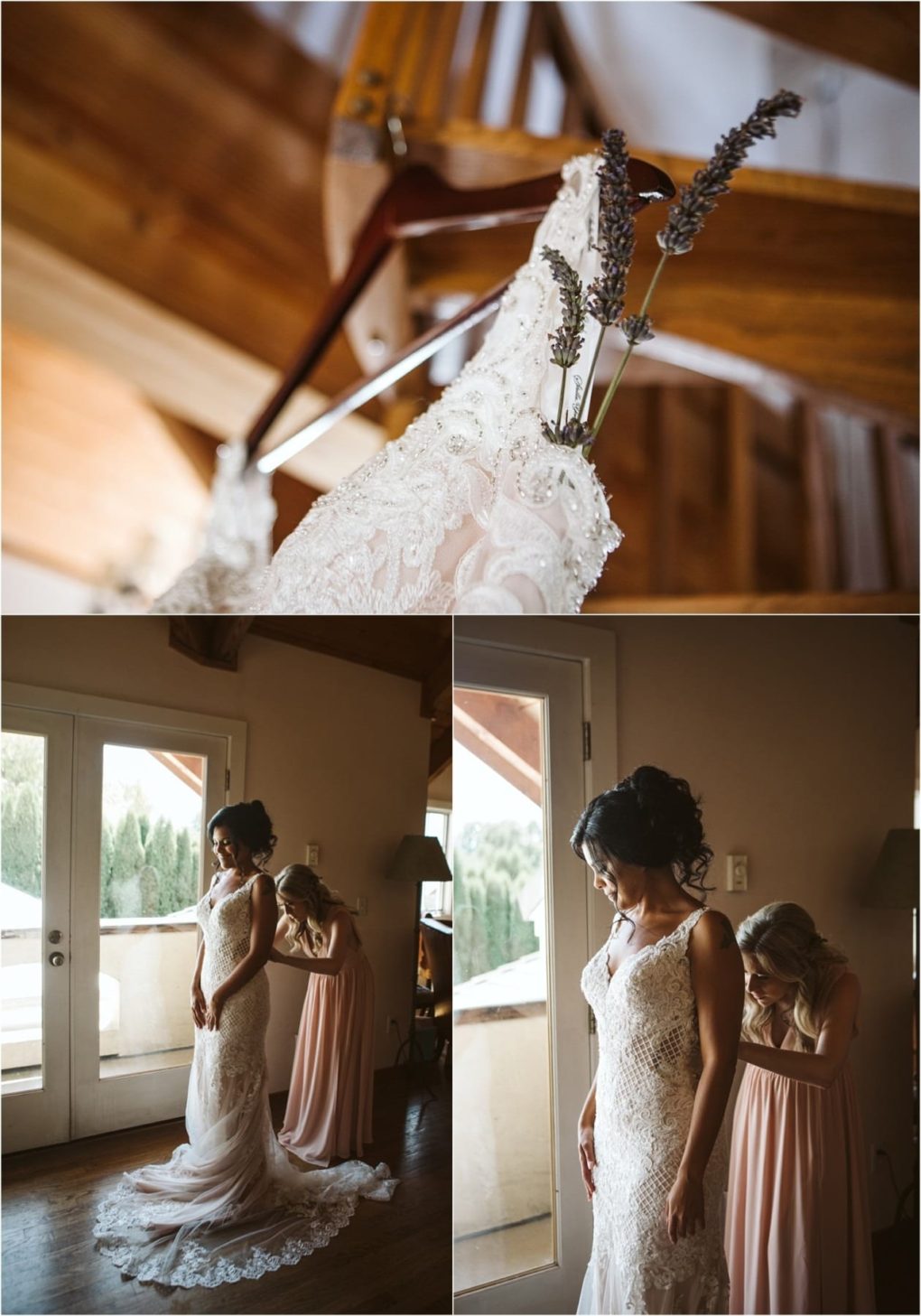 Premier snohomish & seattle wedding photographer | gsquared weddings photography a collage shows a lace wedding dress on a hanger with lavender sprigs and two women in soft pink dresses helping a bride in a lace gown get ready for her snohomish seattle wedding in a warmly lit room | serving snohomish seattle                   & beyond