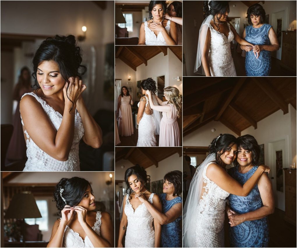 Premier snohomish & seattle wedding photographer | gsquared weddings photography a bride in a lace dress gets ready for her snohomish wedding with help from her mother and bridesmaids in a warmly lit room smiling and adjusting her hair and earrings in candid moments before her seattle engagement celebration | serving snohomish seattle                   & beyond