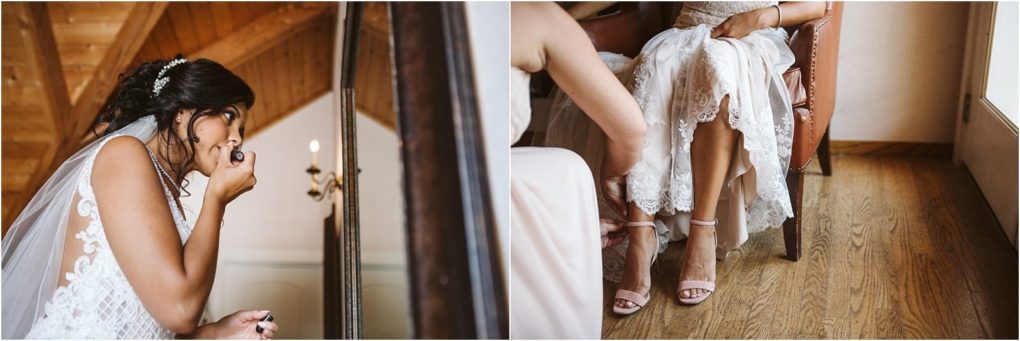 Premier snohomish & seattle wedding photographer | gsquared weddings photography a bride applies lipstick in front of a mirror on the left while on the right another person helps her adjust her lace wedding dress and light pink heels during a beautiful snohomish seattle wedding as she sits in a chair | serving snohomish seattle                   & beyond