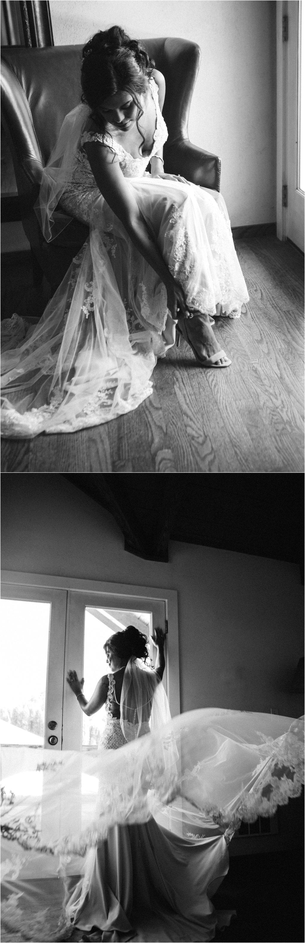 Premier snohomish & seattle wedding photographer | gsquared weddings photography two black and white photos of a bride in the first she sits in a chair putting on her shoe in the second she stands by glass doors holding her flowing veil as light streams insidecapturing a timeless snohomish seattle wedding moment | serving snohomish seattle                   & beyond