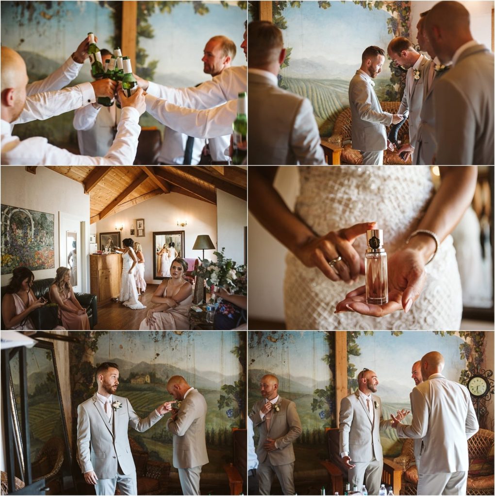 Premier snohomish & seattle wedding photographer | gsquared weddings photography a collage of snohomish wedding preparation moments men in suits toasting drinks women in dresses gathered in a living room a close up of perfume in a brides hands and candid conversations before a seattle engagement | serving snohomish seattle                   & beyond