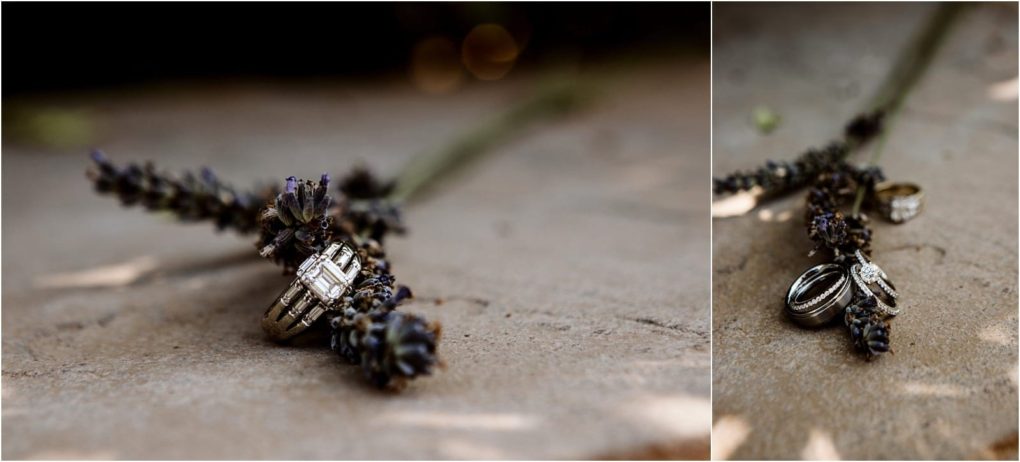 Premier snohomish & seattle wedding photographer | gsquared weddings photography a close up of silver wedding rings symbolizing a snohomish seattle wedding engagement resting on a sprig of dried lavender atop a stone surface with soft natural lighting | serving snohomish seattle                   & beyond