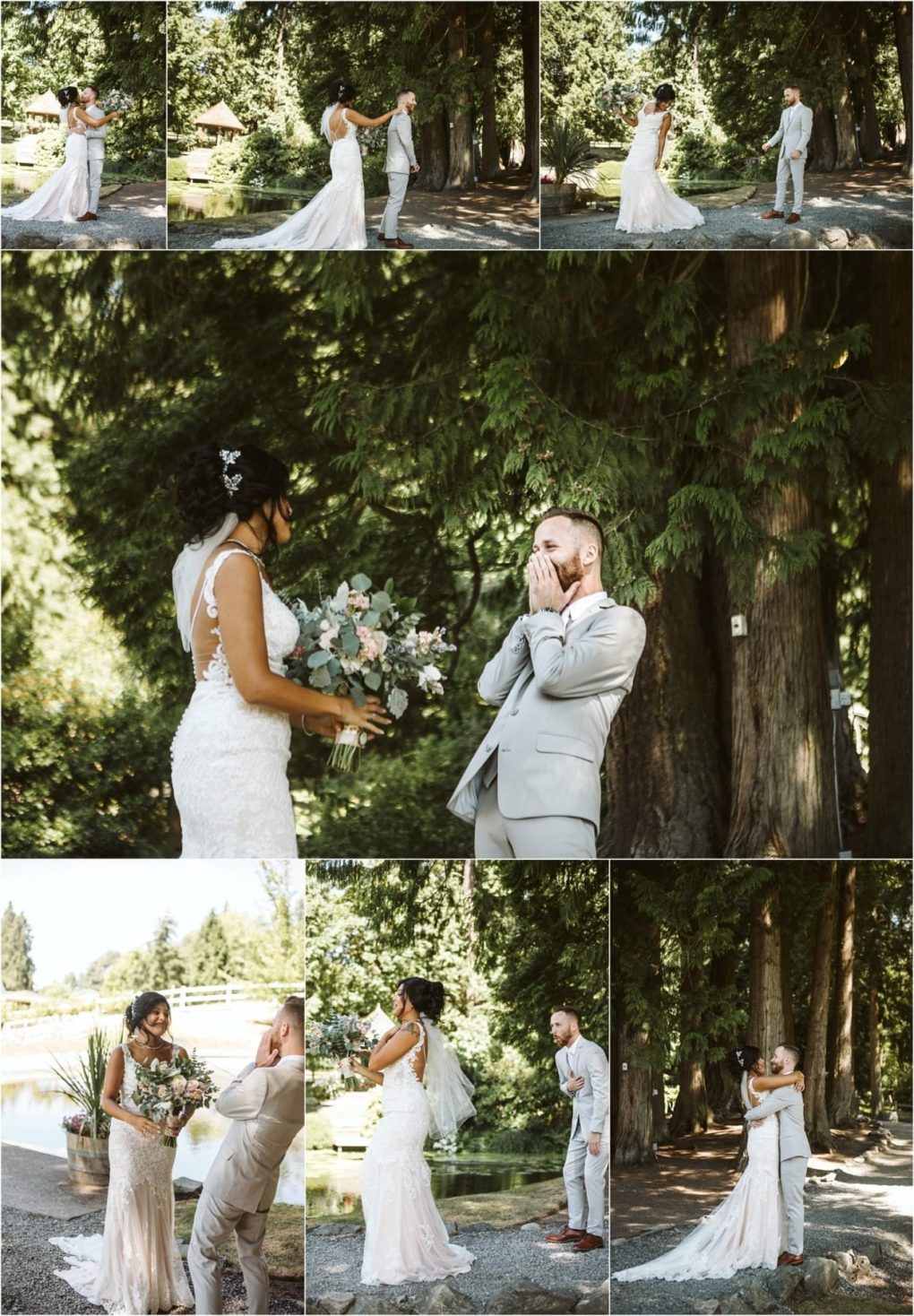 Premier snohomish & seattle wedding photographer | gsquared weddings photography a collage of wedding photos shows an emotional first look between a bride in a lace gown and a groom in a light suit during their snohomish seattle wedding set outdoors among trees The couple smiles embraces and the groom reacts with surprise and joy | serving snohomish seattle                   & beyond