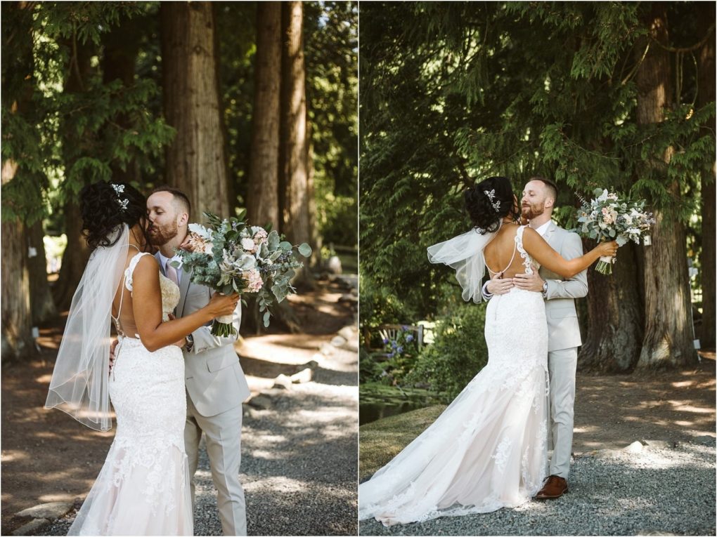 Premier snohomish & seattle wedding photographer | gsquared weddings photography a bride and groom share a joyful first look outdoors among tall trees at their snohomish wedding the bride holds a bouquet wearing a lace gown and veil while the groom in a light suit embraces her as they smile at each other | serving snohomish seattle                   & beyond