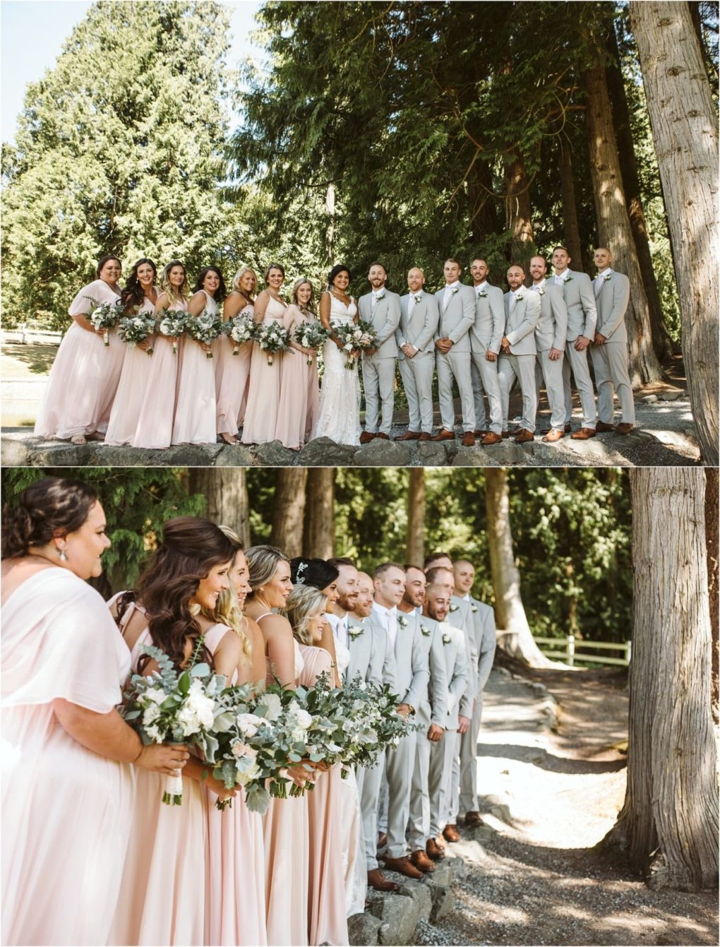 Premier snohomish & seattle wedding photographer | gsquared weddings photography a wedding party poses outdoors among tall trees at a beautiful snohomish venue The bridesmaids wear blush pink dresses and hold bouquets while the groomsmen in light gray suits surround the smiling bride and groom | serving snohomish seattle                   & beyond