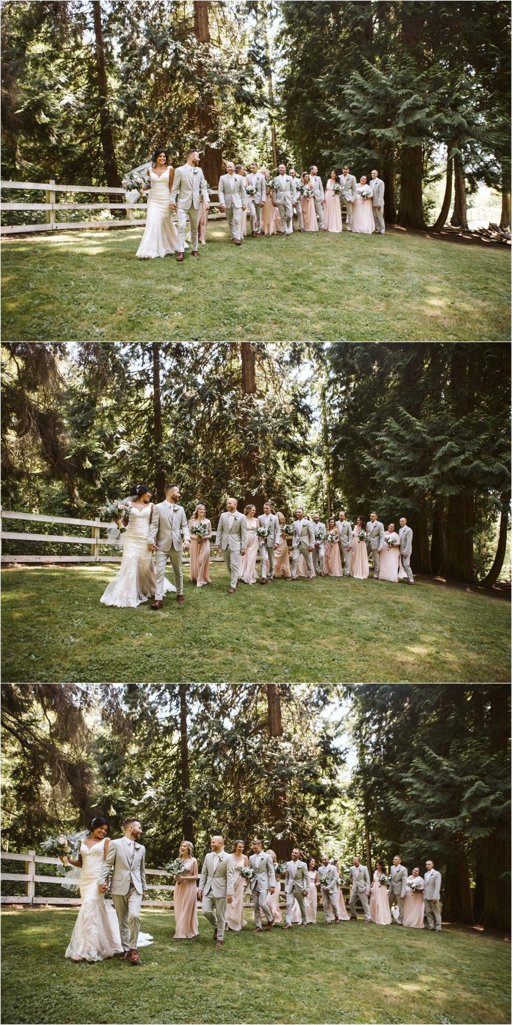 Premier snohomish & seattle wedding photographer | gsquared weddings photography a bride groom and their large wedding party in blush and beige attire walk together on a grassy lawn surrounded by tall trees in a beautiful forested setting perfect for a snohomish seattle wedding | serving snohomish seattle                   & beyond
