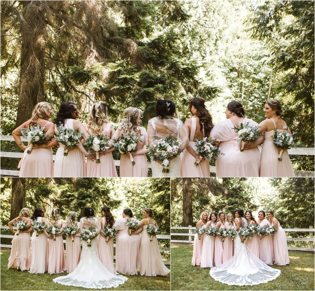 Premier snohomish & seattle wedding photographer | gsquared weddings photography three photos of a bride and her bridesmaids in pale pink dresses holding bouquets posing outdoors near tall green trees and a white fence on a sunny snohomish day The group is smiling and embracing at this beautiful seattle wedding | serving snohomish seattle                   & beyond