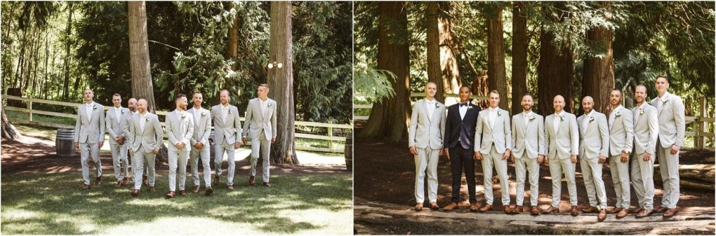 Premier snohomish & seattle wedding photographer | gsquared weddings photography a group of men in light grey suits with brown shoes stand together outdoors in a wooded area at a snohomish seattle wedding in the second image one man in a dark suit joins them as sunlight filters through the trees | serving snohomish seattle                   & beyond