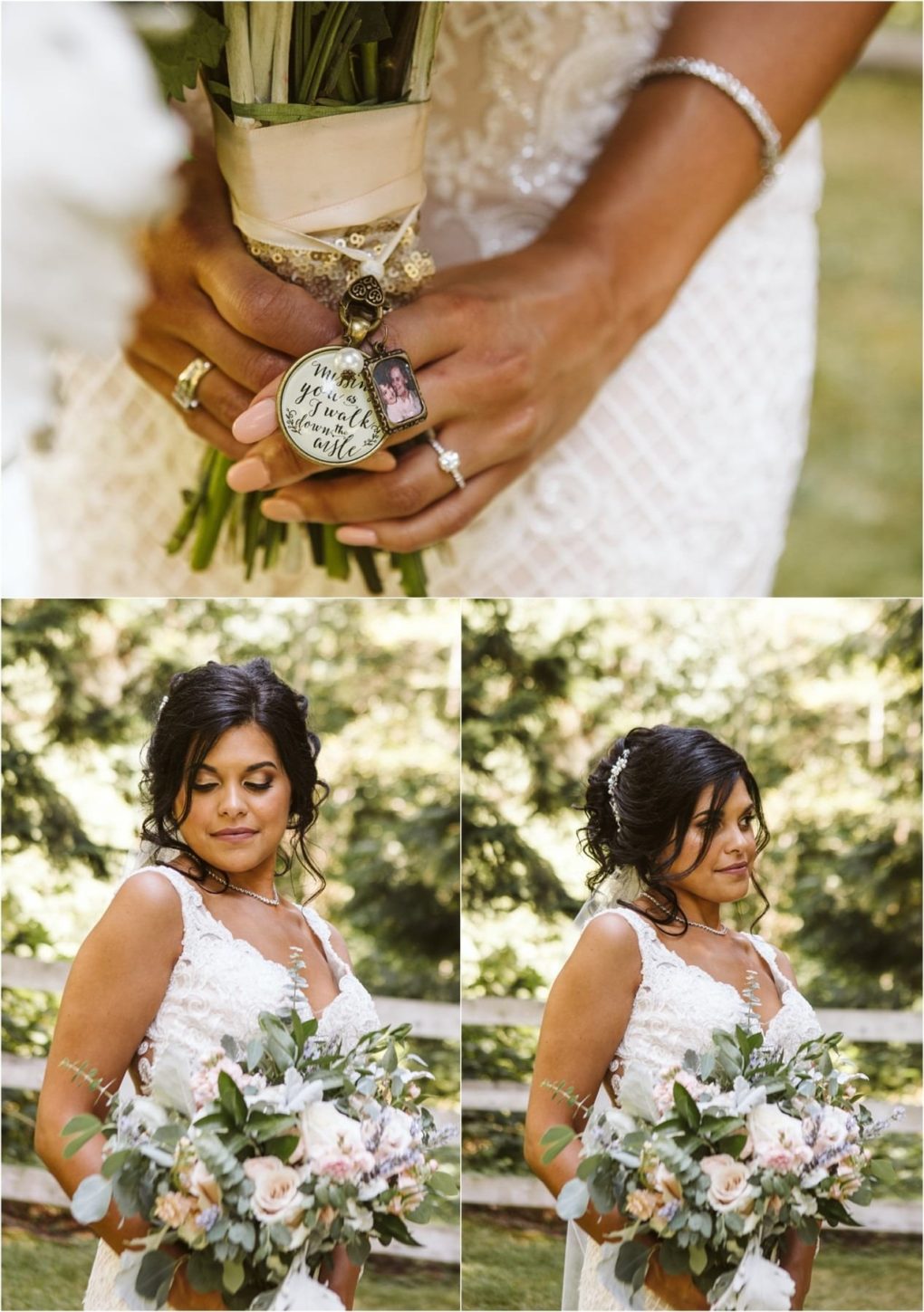 Premier snohomish & seattle wedding photographer | gsquared weddings photography a bride in a lace dress holds a bouquet adorned with charms and a pendant reading mom you are with me always She smiles softly outdoors amid greenery and pastel flowers capturing the romance of a snohomish seattle wedding | serving snohomish seattle                   & beyond