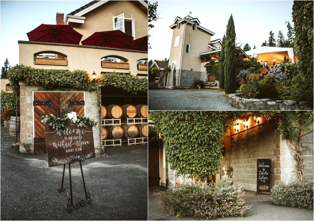 Premier snohomish & seattle wedding photographer | gsquared weddings photography a rustic snohomish winery venue with ivy covered buildings wooden barrels and wedding welcome signs surrounded by greenery and warm outdoor lightingperfect for a romantic seattle wedding or engagement celebration | serving snohomish seattle                   & beyond
