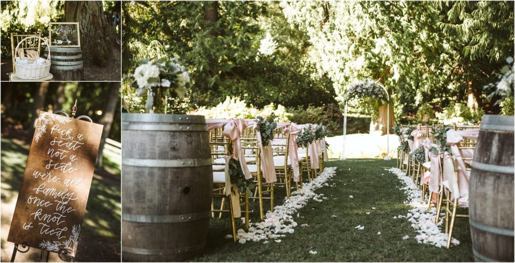 Premier snohomish & seattle wedding photographer | gsquared weddings photography outdoor wedding ceremony setup in snohomish near seattle featuring rows of gold chairs draped in pink fabric a floral arch flower petals on the aisle rustic wine barrels and a wood sign with calligraphyperfect for your dream engagement | serving snohomish seattle                   & beyond