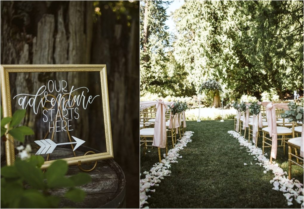 Premier snohomish & seattle wedding photographer | gsquared weddings photography a snohomish wedding ceremony setup outdoors with chairs along an aisle sprinkled with flower petals A framed sign reads our adventure starts here pointing right Lush green trees surround this romantic seattle engagement scene | serving snohomish seattle                   & beyond