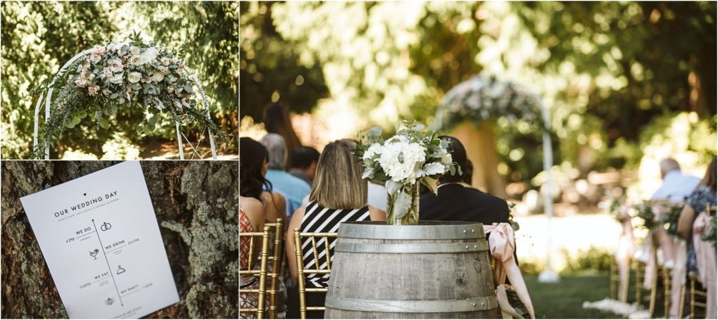 Premier snohomish & seattle wedding photographer | gsquared weddings photography a collage shows a floral wedding arch guests seated outdoors facing the arch a flower arrangement on a wine barrel and a wedding program pinned to a tree Lush greenery surrounds this sunny snohomish seattle wedding setting | serving snohomish seattle                   & beyond