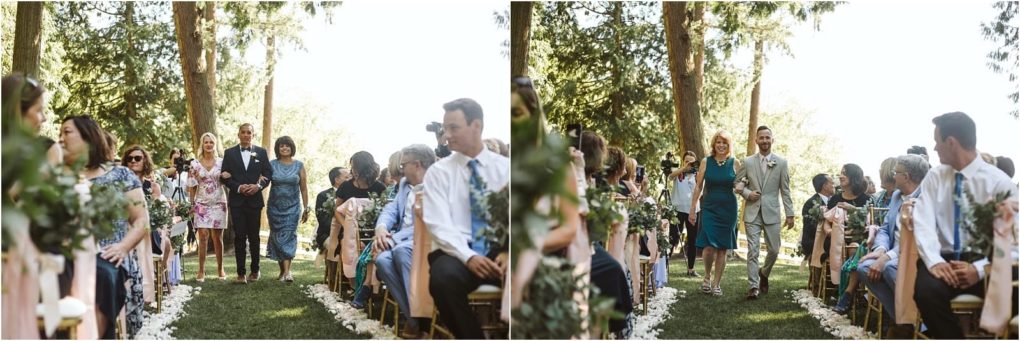 Premier snohomish & seattle wedding photographer | gsquared weddings photography two side by side photos of wedding guests walking down an outdoor aisle lined with chairs and flower petals surrounded by trees and greenery at a beautiful snohomish seattle wedding as other seated guests watch and smile | serving snohomish seattle                   & beyond