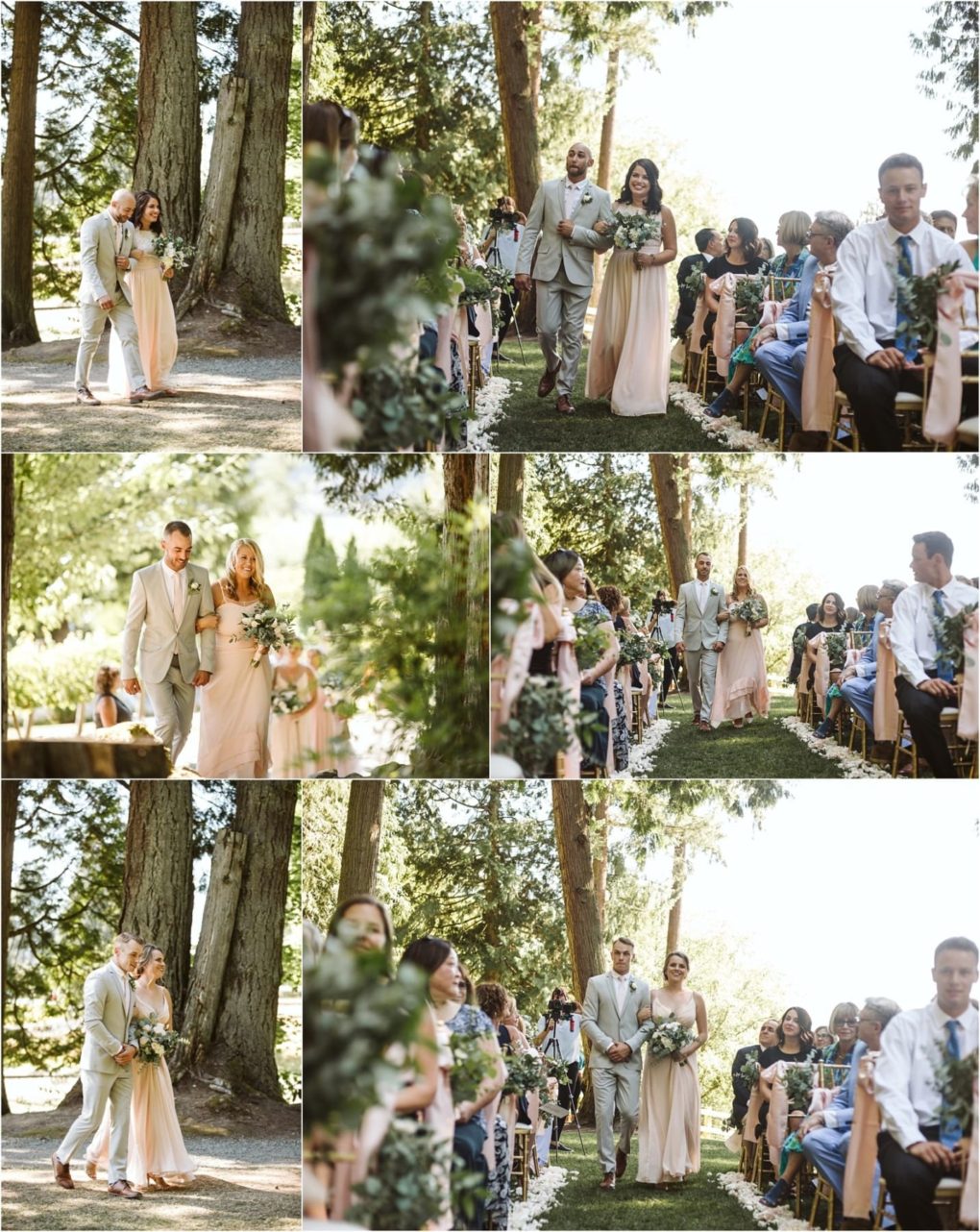 Premier snohomish & seattle wedding photographer | gsquared weddings photography a collage of six photos shows couples in formal attire walking down an outdoor aisle lined with guests and greenery during a daylight snohomish wedding ceremony near seattle | serving snohomish seattle                   & beyond