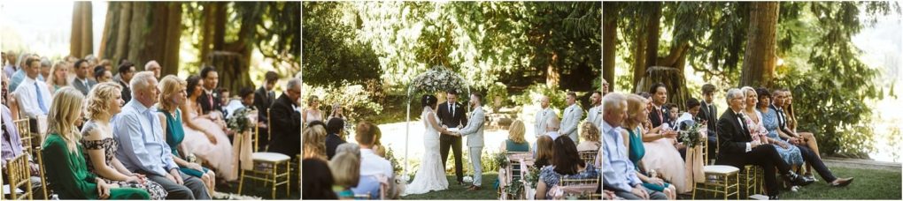 Premier snohomish & seattle wedding photographer | gsquared weddings photography a snohomish wedding ceremony in a forested outdoor setting with guests seated on both sides of the aisle as the couple stands together at the altar under a floral arch creates an enchanting seattle engagement atmosphere | serving snohomish seattle                   & beyond