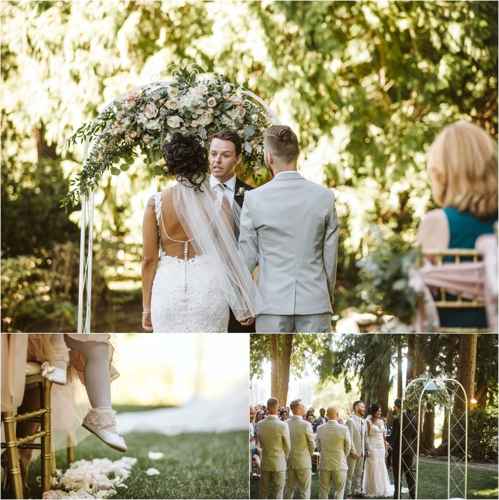 Premier snohomish & seattle wedding photographer | gsquared weddings photography a bride and groom stand under a floral arch with an officiant at their snohomish seattle wedding guests look on Close ups show a childs shoes and the wedding party in pale suits outdoors among trees | serving snohomish seattle                   & beyond