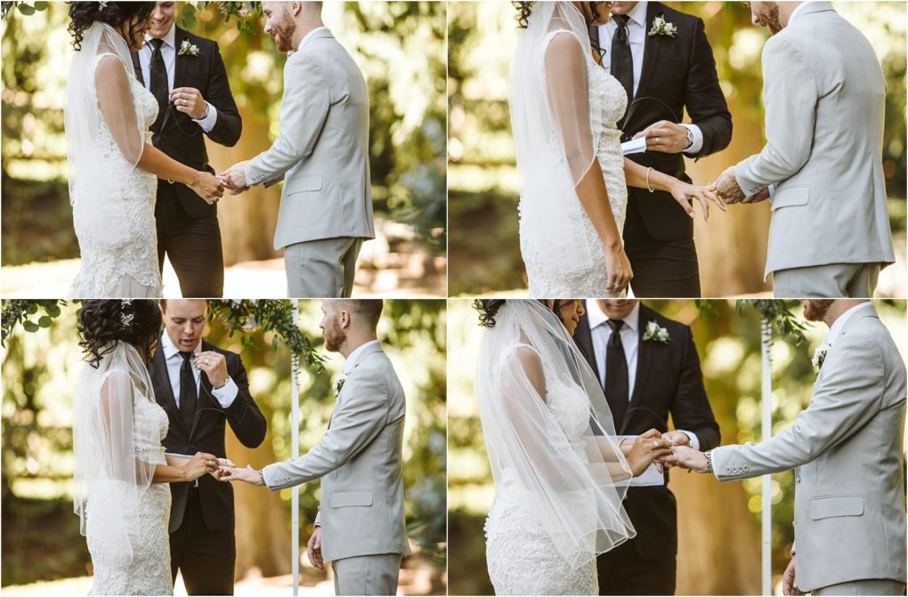 Premier snohomish & seattle wedding photographer | gsquared weddings photography a collage of four photos shows a bride and groom exchanging rings during a snohomish outdoor wedding ceremony with an officiant beside them The couple is dressed in formal attire and surrounded by lush greenery | serving snohomish seattle                   & beyond
