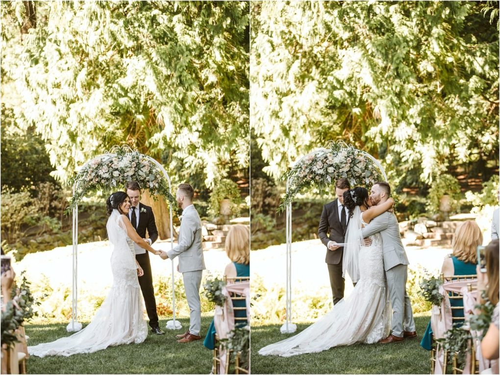 Premier snohomish & seattle wedding photographer | gsquared weddings photography two wedding photos side by side on the left a bride and groom hold hands facing each other under a floral arch with an officiant On the right they kiss as newlyweds while guests watch outdoors at their snohomish seattle wedding | serving snohomish seattle                   & beyond