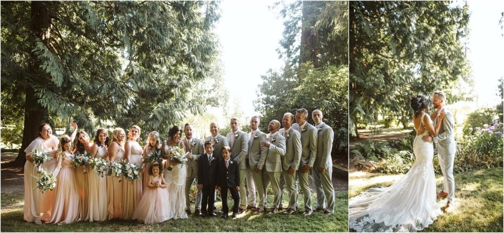 Premier snohomish & seattle wedding photographer | gsquared weddings photography a wedding party poses outdoors among trees at a snohomish seattle wedding with bridesmaids in pale dresses groomsmen in light suits and flower girls in pink On the right the bride and groom embrace in a sunlit garden | serving snohomish seattle                   & beyond
