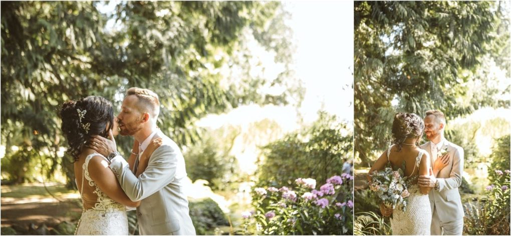 Premier snohomish & seattle wedding photographer | gsquared weddings photography a couple in wedding attire embraces and kisses outdoors in a garden near snohomish surrounded by greenery and blooming flowers with sunlight filtering through the treesa picture perfect seattle wedding moment | serving snohomish seattle                   & beyond