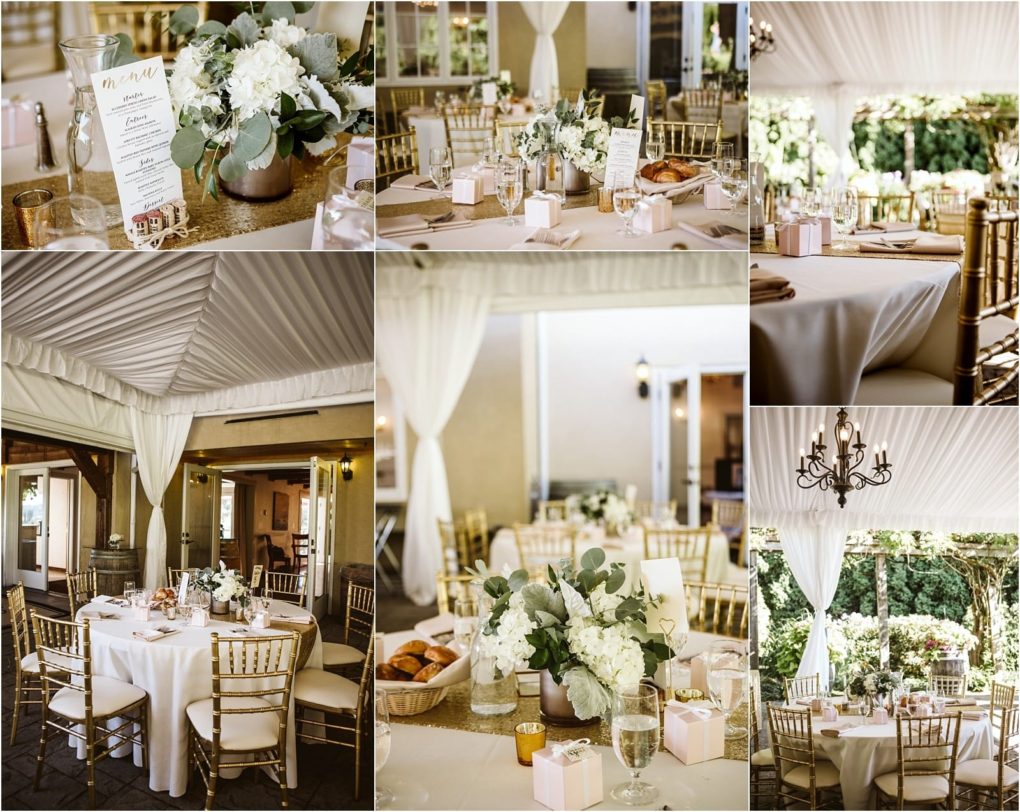Premier snohomish & seattle wedding photographer | gsquared weddings photography a collage of elegant snohomish wedding reception tables under a white tent featuring gold chairs white linens floral centerpieces gift boxes and a chandelier set in a garden like outdoor seattle venue | serving snohomish seattle                   & beyond