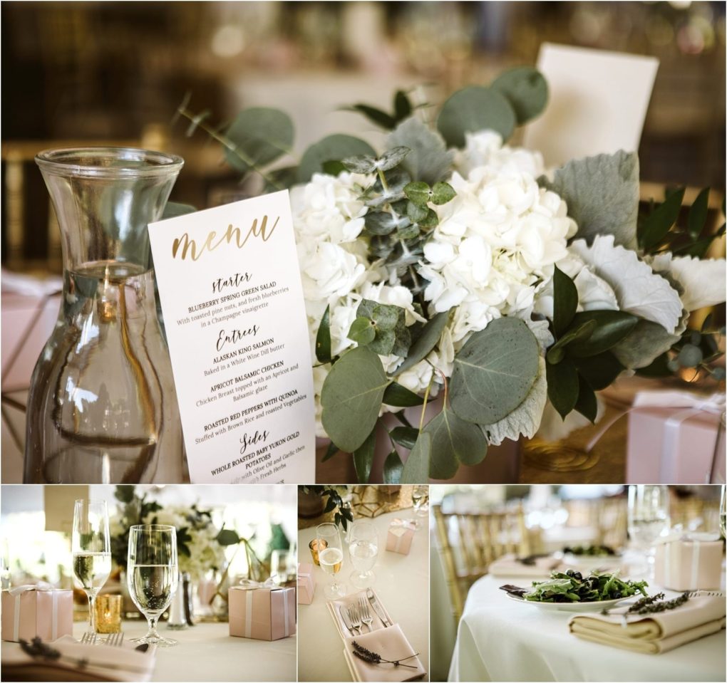 Premier snohomish & seattle wedding photographer | gsquared weddings photography a snohomish wedding table setting with a floral centerpiece menu card glass pitcher gift boxes napkins salad plates and champagne glasses all elegantly arranged under soft lighting for a perfect seattle engagement celebration | serving snohomish seattle                   & beyond