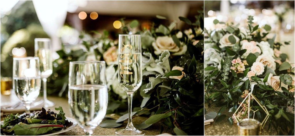 Premier snohomish & seattle wedding photographer | gsquared weddings photography elegant table setting with champagne flutes water glasses and a vibrant floral centerpiece featuring cream and blush roses greenery and gold accentsperfect for a snohomish or seattle wedding or engagement event | serving snohomish seattle                   & beyond