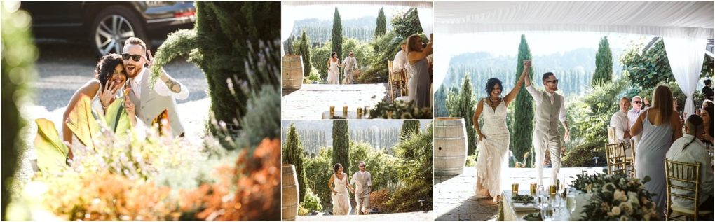 Premier snohomish & seattle wedding photographer | gsquared weddings photography a collage shows a joyous couple entering their snohomish outdoor wedding reception holding hands and smiling as guests applaud The bright setting features greenery rustic decor and elegant white drapery | serving snohomish seattle                   & beyond