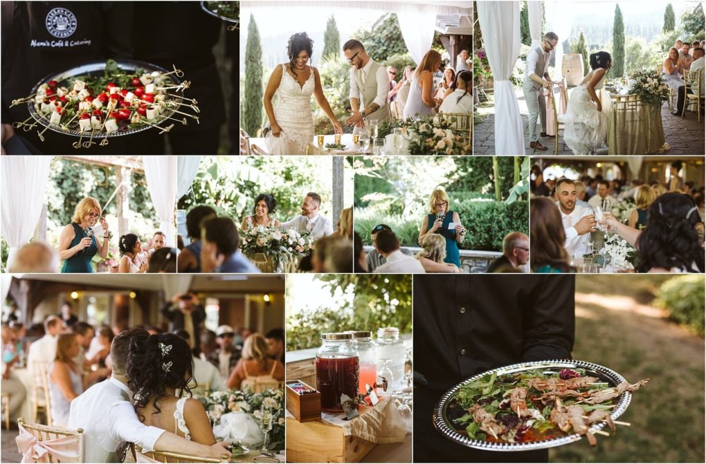 Premier snohomish & seattle wedding photographer | gsquared weddings photography a collage of snohomish seattle wedding photos shows a couple at their reception giving speeches dining and celebrating with guests Images feature elegant food platters drinks in mason jars and festive outdoor garden décor | serving snohomish seattle                   & beyond