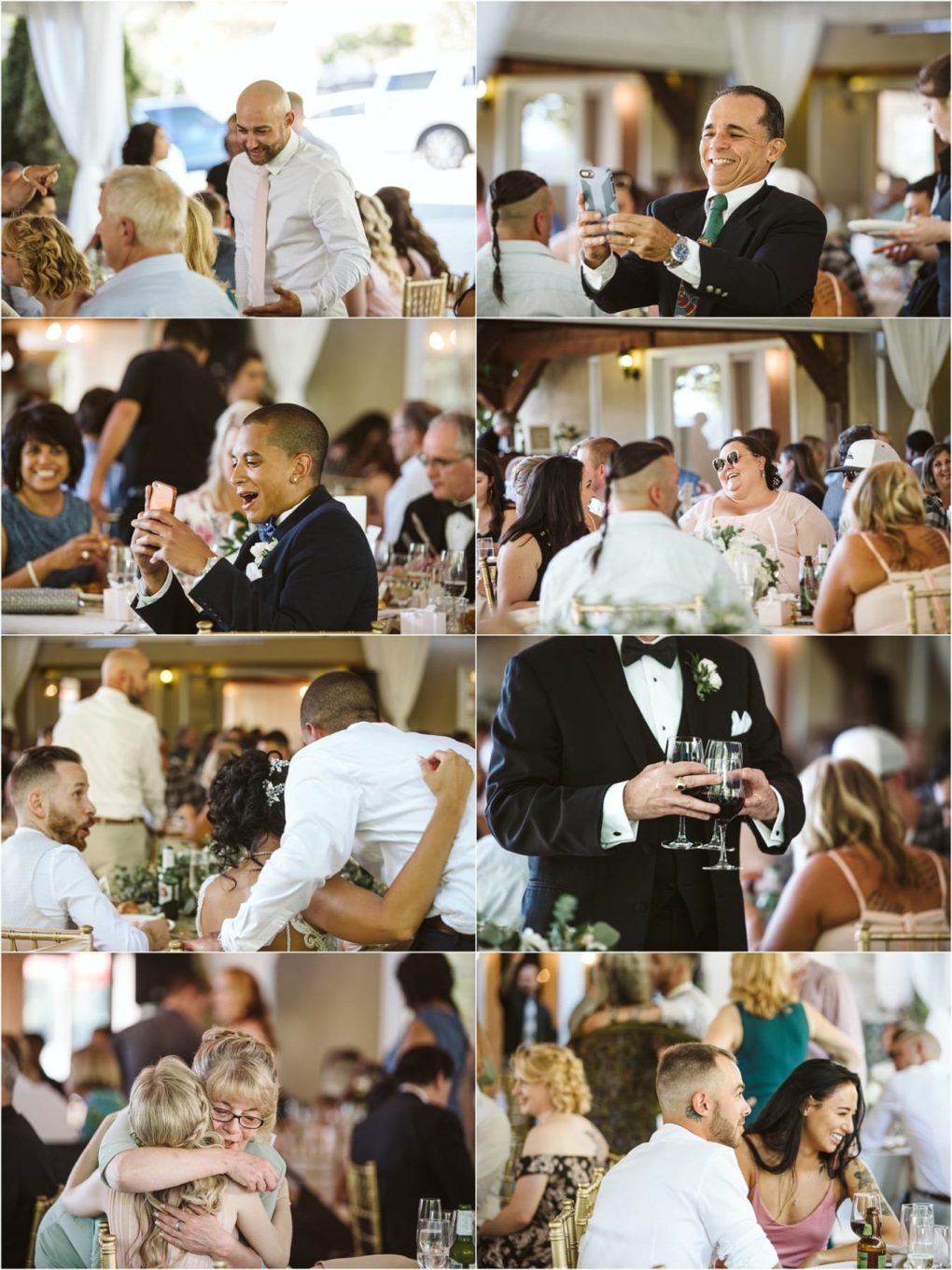 Premier snohomish & seattle wedding photographer | gsquared weddings photography a collage of joyful snohomish wedding reception moments guests laughing taking photos hugging and mingling at decorated tables in a bright festive venue The atmosphere is warm and celebratory | serving snohomish seattle                   & beyond
