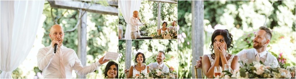 Premier snohomish & seattle wedding photographer | gsquared weddings photography a man gives a speech at an outdoor snohomish wedding while the bride and groom listen and react with laughter and surprise surrounded by greenery and floral decorations | serving snohomish seattle                   & beyond
