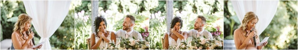 Premier snohomish & seattle wedding photographer | gsquared weddings photography at a beautiful snohomish wedding a woman gives a heartfelt speech outdoors as the bride wipes away tears and the groom smiles surrounded by lush greenery and flowers | serving snohomish seattle                   & beyond
