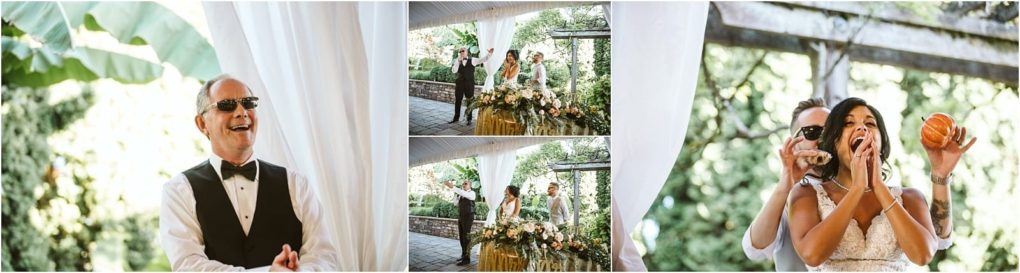 Premier snohomish & seattle wedding photographer | gsquared weddings photography a man in sunglasses and a tux laughs as a bride and groom joyfully play with bagels at their lively snohomish wedding holding them up and pretending to eat during their outdoor seattle engagement celebration | serving snohomish seattle                   & beyond