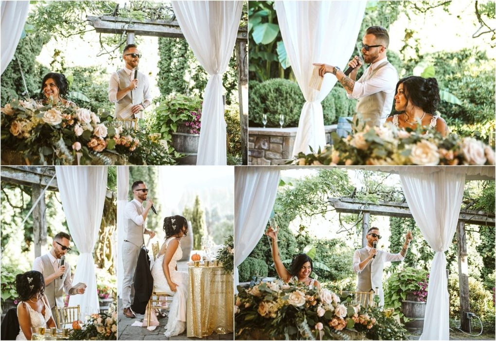 Premier snohomish & seattle wedding photographer | gsquared weddings photography a collage of four snohomish wedding photos shows a man in sunglasses giving a speech to a bride at a flower decorated table outdoors both smile and interact joyfully amid lush greenery and elegant draped curtains | serving snohomish seattle                   & beyond