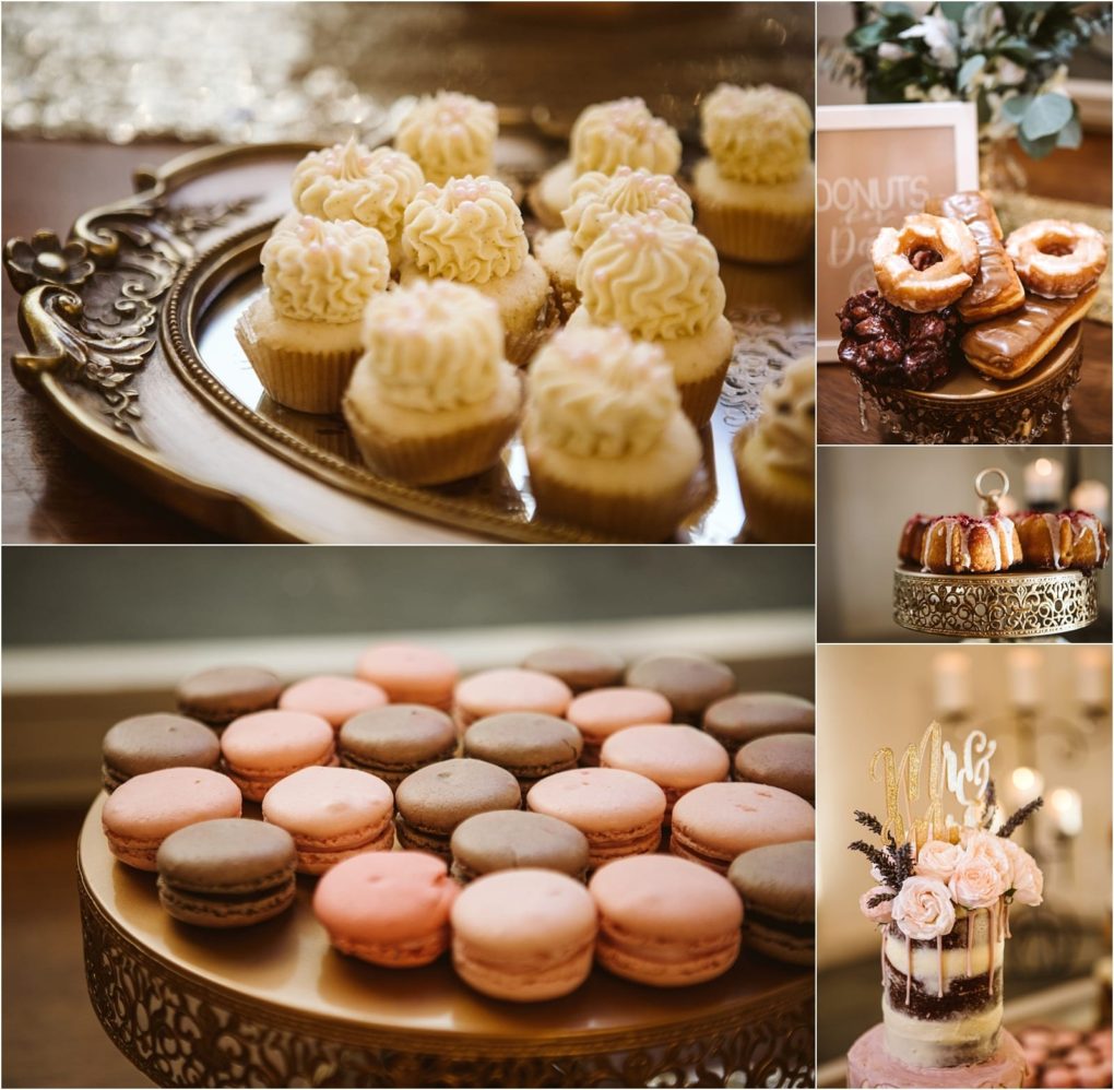 Premier snohomish & seattle wedding photographer | gsquared weddings photography a collage showing assorted desserts for a snohomish seattle wedding mini cupcakes on a tray donuts on a platter pink and brown macarons on a stand and an elegant engagement cake decorated with flowers and gold accents | serving snohomish seattle                   & beyond
