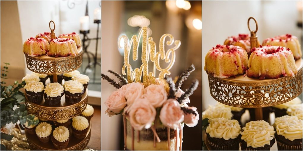 Premier snohomish & seattle wedding photographer | gsquared weddings photography three photos from a snohomish seattle wedding a gold dessert stand with frosted cupcakes and mini bundt cakes a close up of a cake topped with pink roses and a gold mrs & mrs sign and mini bundt cakes on the stand | serving snohomish seattle                   & beyond