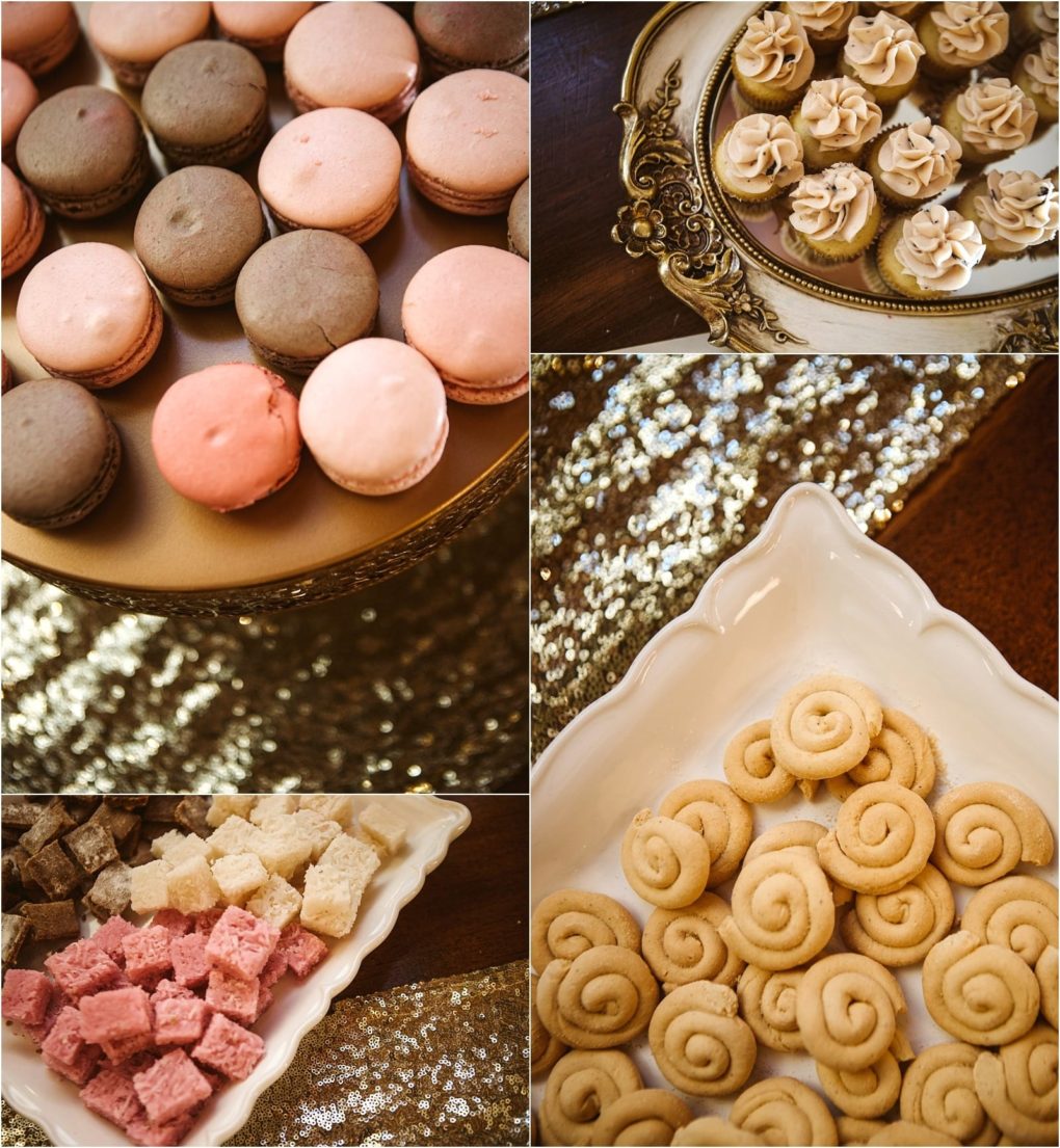 Premier snohomish & seattle wedding photographer | gsquared weddings photography a collage of dessert photos for a snohomish seattle wedding features pink and brown macarons cupcakes with swirled frosting on a gold tray assorted fudge squares and spiral shaped butter cookies atop a gold sequined tablecloth | serving snohomish seattle                   & beyond