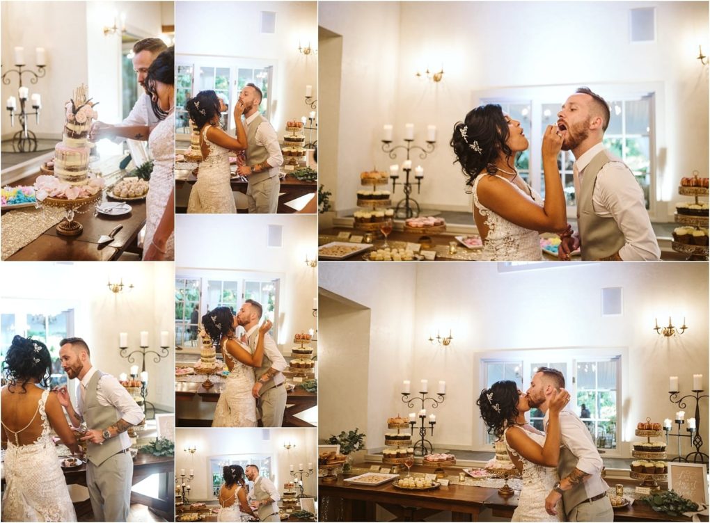 Premier snohomish & seattle wedding photographer | gsquared weddings photography a bride and groom cut their wedding cake at a snohomish seattle wedding playfully feeding each other pieces and sharing kisses amid laughter in a warmly lit reception filled with desserts and candles | serving snohomish seattle                   & beyond