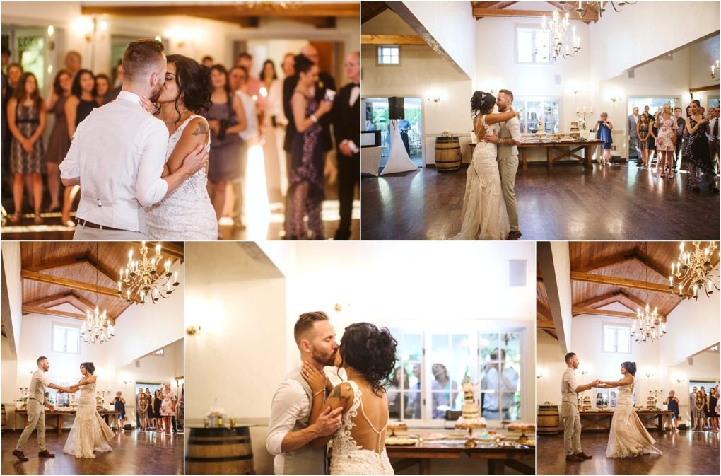 Premier snohomish & seattle wedding photographer | gsquared weddings photography a bride and groom share their first dance in a rustic warmly lit snohomish venue as guests watch and smile The couple dances closely surrounded by chandeliers wooden beams and a table with a wedding cake | serving snohomish seattle                   & beyond