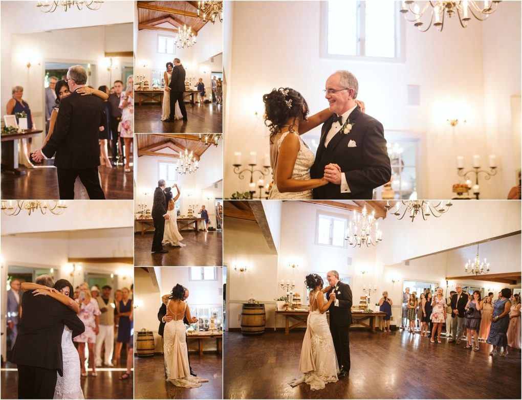 Premier snohomish & seattle wedding photographer | gsquared weddings photography a collage of snohomish wedding photos shows a bride and her father sharing a joyful dance in a warmly lit reception hall surrounded by smiling guests who watch and celebrate the moment | serving snohomish seattle                   & beyond
