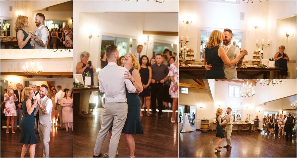 Premier snohomish & seattle wedding photographer | gsquared weddings photography a series of photos shows a groom dancing with his mother at a snohomish wedding reception surrounded by guests watching and smiling in a warmly lit event space | serving snohomish seattle                   & beyond