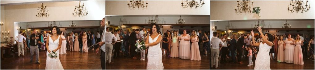 Premier snohomish & seattle wedding photographer | gsquared weddings photography a bride in a white dress prepares to throw her bouquet to smiling expectant bridesmaids and guests in a warmly lit snohomish reception hall The sequence captures her ready tossing and the bouquet midair at this seattle wedding | serving snohomish seattle                   & beyond