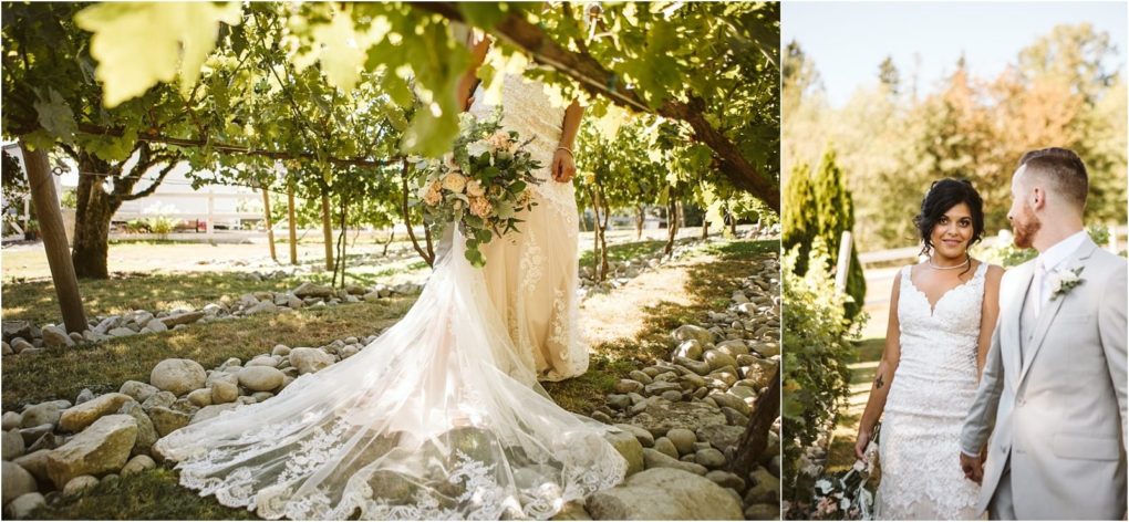 Premier snohomish & seattle wedding photographer | gsquared weddings photography a bride in a lace gown holding a bouquet stands among vineyard rows near snohomish her train flowing over stones Next to this a bride and groom walk hand in hand outdoors near seattle smiling at each other on their wedding day | serving snohomish seattle                   & beyond