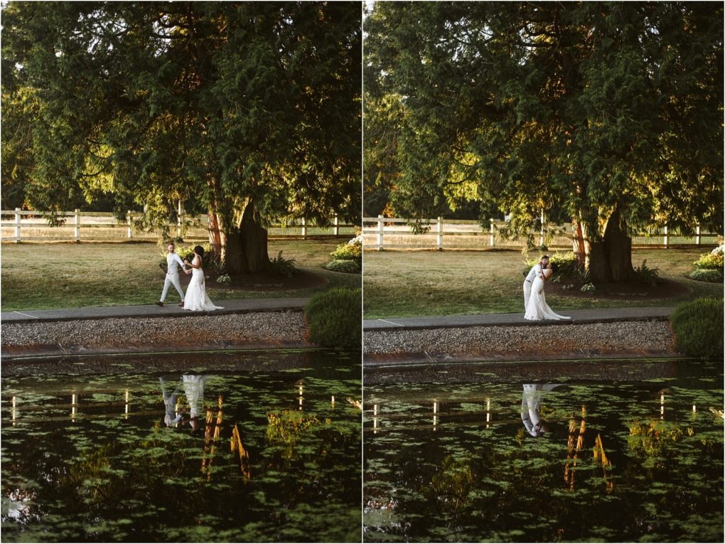 Premier snohomish & seattle wedding photographer | gsquared weddings photography a bride and groom walk hand in hand beside a pond lined with water lilies at their snohomish seattle wedding under the shade of a large tree with their reflection shimmering in the water of a peaceful sunlit garden | serving snohomish seattle                   & beyond