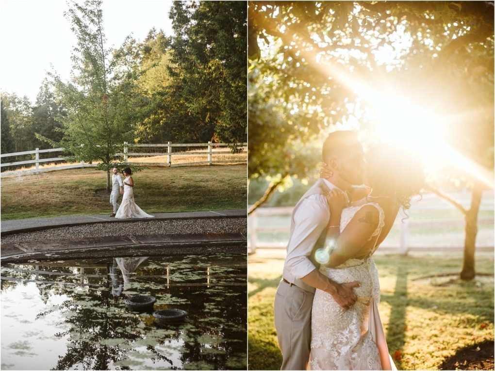 Premier snohomish & seattle wedding photographer | gsquared weddings photography two photos on the left a snohomish bride and groom walk near a pond and white fence On the right they kiss under trees with sunlight shining through the leaves creating a warm romantic glow at their seattle wedding | serving snohomish seattle                   & beyond
