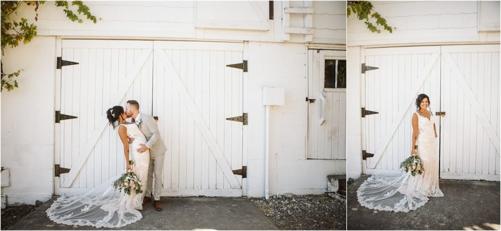 Premier snohomish & seattle wedding photographer | gsquared weddings photography a bride in a lace gown holds a bouquet while her groom in a light suit kisses her before white barn doors at their snohomish wedding In another frame the smiling bride poses solo holding her bouquet | serving snohomish seattle                   & beyond
